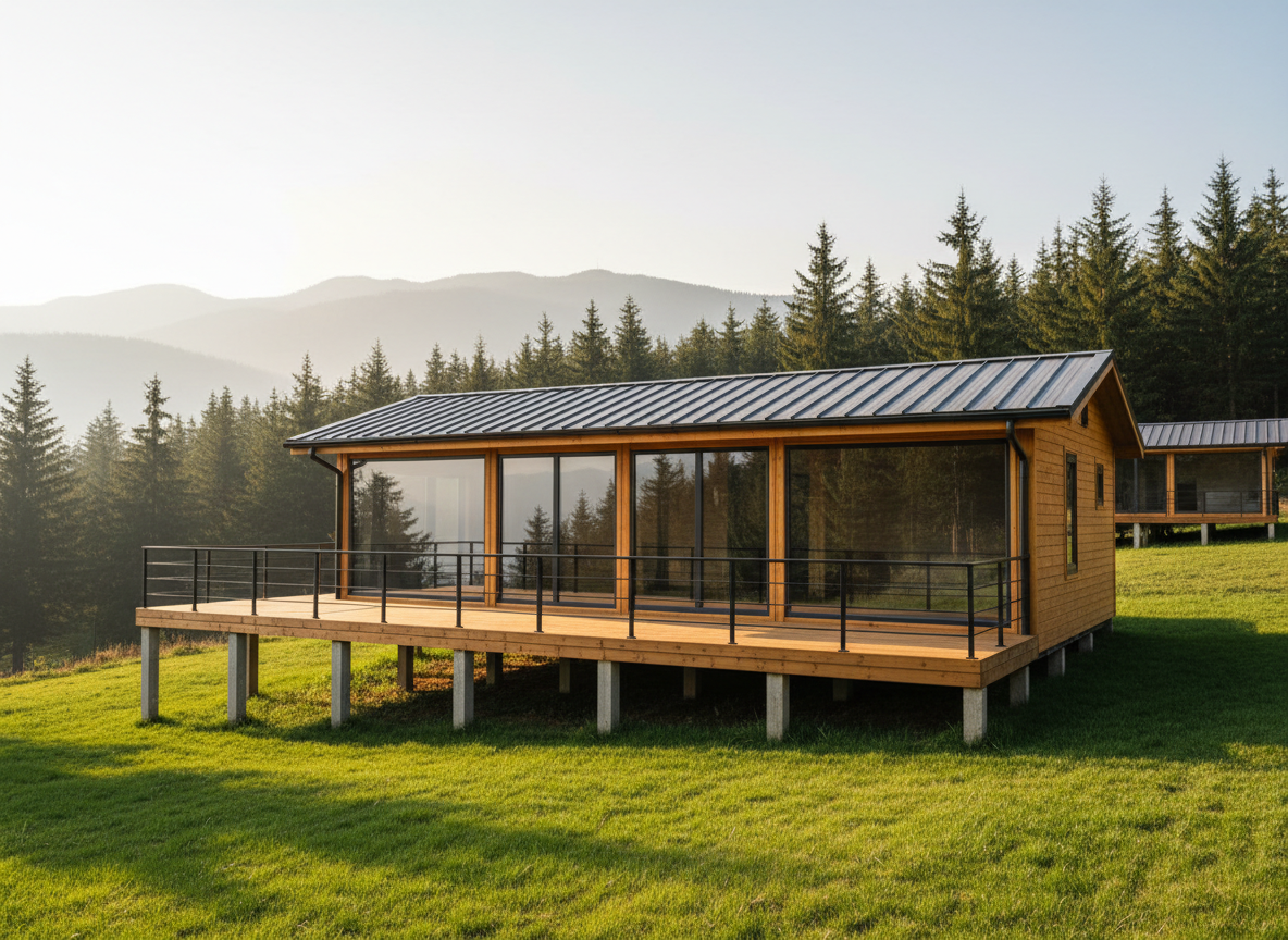 A modern, turnkey bungalov house built from rich honey-toned timber with charcoal metal roofing, standing on a gently sloped green plot in the Karadeniz region. Wide floor‑to‑ceiling windows reflect the surrounding pine forest and distant misty hills. The wooden terrace wraps around the front, with clean, minimalist railings and a visible sturdy foundation system. Captured in soft late-afternoon natural light, with the sun low behind the camera, creating crisp but gentle shadows that emphasize the clean lines and craftsmanship. Photographic realism, eye-level composition with sharp focus from foreground grass to background trees, conveying durability, comfort, and professional design in a calm, inviting atmosphere suitable for a homepage hero image.